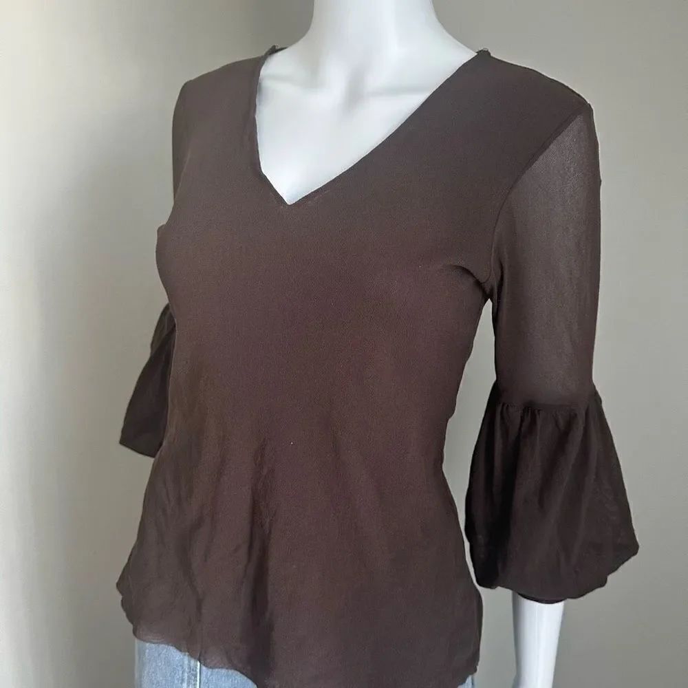 Y2K Brown Mesh Overlay V~Neck Top